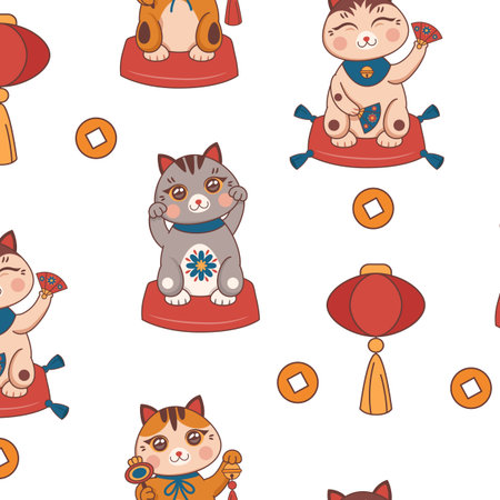 Maneki neko lucky cat pattern. Japanese or chinese animal kitty doll with money and red lantern, japan luck talisman. Decor textile, wrapping paper, wallpaper design. Vector seamless backgroundのイラスト素材