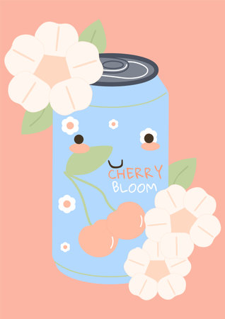 Soda can. Cartoon drink character. Cherry bloom taste beverage. Kawaii carbonated berry juice. Cute aluminum jar with funny smile face and flowers. Vector happy food mascot illustrationのイラスト素材