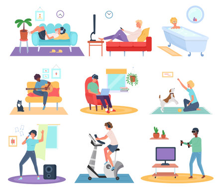 Stay home. People work and meditate in room. Relax or yoga. Pandemic quarantine. Lockdown life. Man reads or plays games. Woman takes bath. Persons activities set. Vector cartoon designのイラスト素材