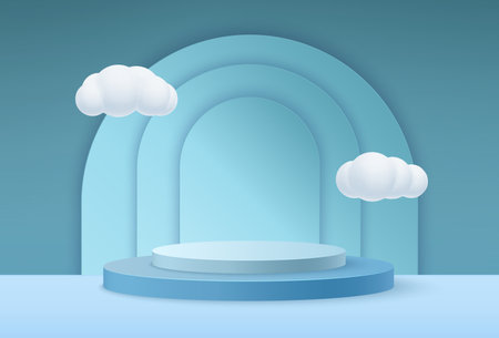 3d minimal scene. Pastele studio with platforme, clouds and backdrop for romantic or wedding product. Modern design for products presentation and advertising. Vector background illustrationのイラスト素材