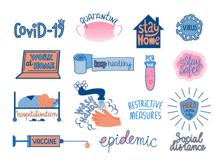 Social safe. Covid health care lettering. People in mask stay home. Text art design. Phrases set. Vaccination and test. Corona virus lockdown in pandemic. Vector typography backgroundのイラスト素材