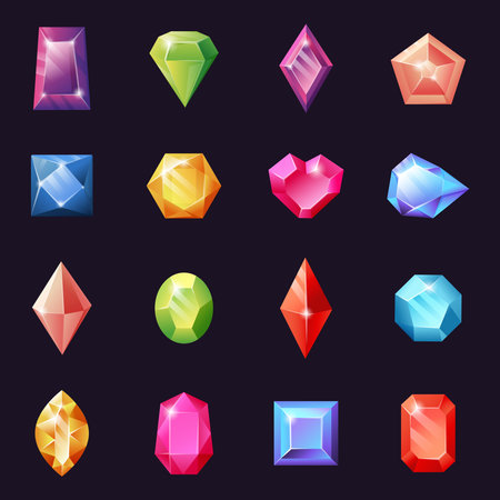 Crystal game precious gems. Ice shiny diamond pieces. Glass stone prism. Emerald and sapphire. Jewel brilliant shapes. Gaming asset. Ruby and rhinestone. Vector realistic gemstones setのイラスト素材