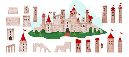 Medieval castle. Fantasy landscape elements set. Fortress moat. Palace in park. Ancient architecture art. Bright building. Fortified wall. Towers and bridges. Vector flat backgroundのイラスト素材