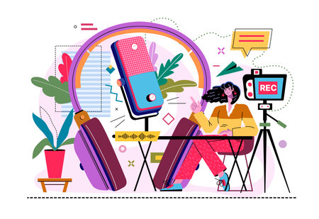 Radio podcast. Broadcasting studio. Huge microphone and headset. People recording interview with headphones and mic. Voice or music broadcast. Online streaming. Vector flat illustrationのイラスト素材