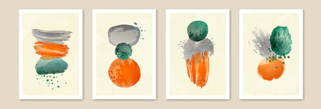 Abstract art patterns set, modern watercolor paint drops. Brush texture elements, stain shape poster collection, ink splash print. Contemporary wall decoration. Vector background minimal designのイラスト素材
