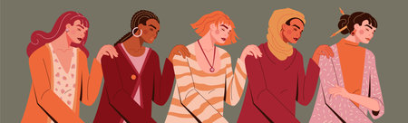 Women help or vote day, girls hugs. Strong feminist woman support together, brave and feminism. Multiethnic female characters in traditional clothes. Cartoon flat people. Vector conceptのイラスト素材