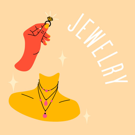 Jewelry poster. Hand holding elegant ring with precious gems. Jewel necklace on female neck. Shiny diamonds. Brilliant gemstones. Woman beauty. Girls accessories. Vector square yellow cardのイラスト素材