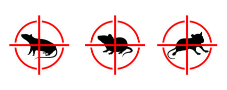 Rats icon. Pest control. Rodent extermination sign. Target logo for mouse poison. Kill gnawer. Red round crosshair aim. Black silhouette mammal. Vector animal mice stop symbols setのイラスト素材