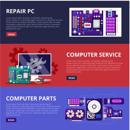 PC repair. Computer service web banners set. Hardware components. Desktop network. Electronic part store flyer. Chip circuit. Processor and motherboard. Vector horizontal background designのイラスト素材