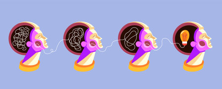 Brain mind in head. Complex of difficult ideas. People chaos thinking. Decode unclear clew. Mental mess. Unravel knot process sequence. Tangled cord. Search problems. Vector doodle iconsのイラスト素材