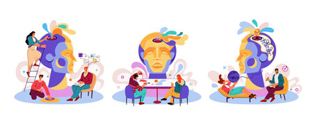 Psychology therapy. Mental health. Psychotherapy consultation. Psychologist or psychiatrist support. Professional psychological treatment. Creative session. Vector cartoon concepts setのイラスト素材