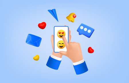 3D phone with emoji render. Digital follow creative icon for social media. Hands touching smartphone screen. Like Sending messages. Mobile technology. Vector illustrationのイラスト素材