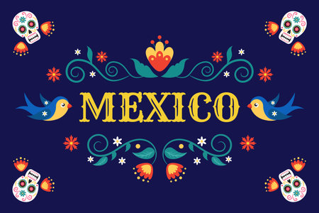 Mexico embroidery pattern. Holiday floral banner, Mexican birthday or fiesta day, traditional lettering card. Skeletons with flowers, birds and botanical ornament. Vector design bannerのイラスト素材