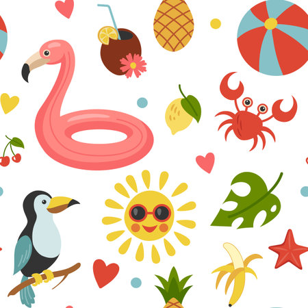 Summer beach travel pattern. Tropical resort. Summertime rest. Vacation graphic bag. Cartoon print texture. Sea party art. Paper hat on sand. Fruits and animals. Vector seamless backgroundのイラスト素材