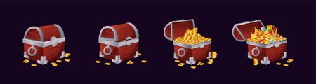 Wood chest. Treasure box. Wooden full trunk. Open or closed pirate coffer with gold heaps. Precious gems and ancient money coins. Game loot. Fantasy jewelry container. Vector realistic setのイラスト素材