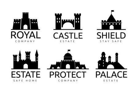 Castle icon. Fort logo. Stronghold silhouette. Old building. Outline fortress. Ancient fairytale citadel construction. Company brand emblem. Palace symbol. Vector cartoon logotype setのイラスト素材