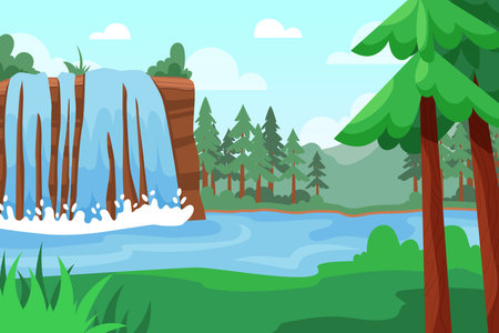 Jungle waterfall. Scenic river in mountain. Water fall in lake. Creek stream. Forest landscape. Fantasy panorama. Grass field. Wild nature. Summer scenery. Vector illustration backgroundのイラスト素材