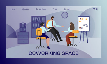 Office workplace. Coworking workspace website template. Employee talk in interior. Infographic space. CEO people team. Business building. Workers discussion. Vector landing page designのイラスト素材