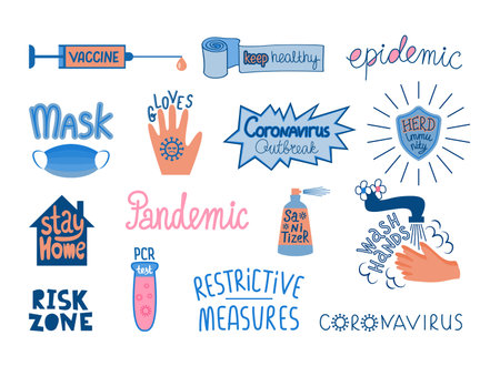 Covid safe, social, mask, hand drawn text. Corona home quarantine, lockdown care in virus, canceled healthy heart. Covid-19 stickers. Vector illustration isolated on white backgroundのイラスト素材