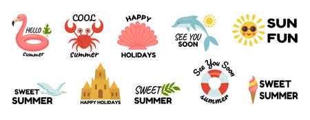 Summer fun logo stickers. Cartoon icons with vacation objects and lettering phrases. Enjoy sun or beach. Sea party label. Summertime holiday. Fruit juice. Sea animal. Vector badges setのイラスト素材