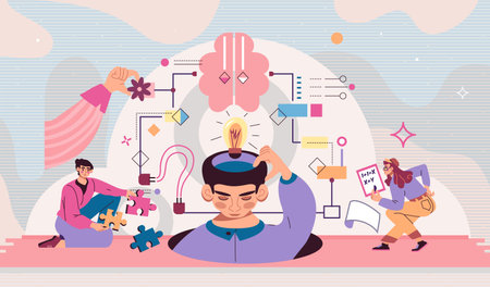 Complex decision challenge. Business skills. Correct management process. Puzzle quest. People search solutions. Persons find idea. Analytical brain. Rational mind. Vector illustrationのイラスト素材