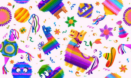 Mexican pinata pattern. Birthday donkey toy with bright confetti. greeting background for spanish party. Decor textile, wrapping paper, wallpaper design. seamless textureのイラスト素材