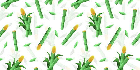 Cane sugar. Hand drawn sugarcane pattern. Bamboo outline drawing. Tree trunks with leaves. Tropical plant harvest. Natural sweetener crop. Botanical background. Vector seamless textureのイラスト素材