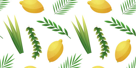 Sukkot pattern. Religious traditional holiday. Sukkah print. Lulav or Etrog. Four species. Succoth citrons. Lemon and palm leaves. Citrus fruit. Myrtle branch. Vector seamless backgroundのイラスト素材
