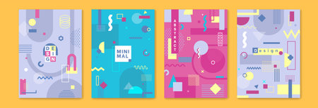 Geometric graphic backgrounds. Minimal music motion cover. Dynamic geometry polygon elements. Title lettering. Squares or circles. Flyers design. Pattern posters set. Vector brand templateのイラスト素材