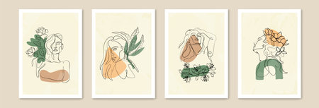 Abstract line art woman face, floral drawing. Beauty minimalist modern painting, hand drawn girl portraits and botanical elements. Contemporary posters, clothes prints. Vector illustrationのイラスト素材