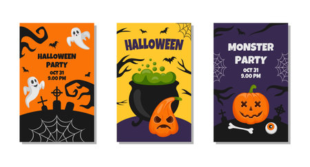 Halloween pumpkin party poster template. Cute happy banner or sale background, funny creepy pumpkins and ghosts, greeting card or flyer, horror frame. Vector illustrationのイラスト素材