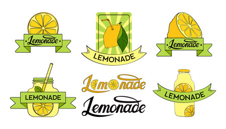 Lemonade stickers, fresh lemon label with text. Citrus logo badge, drink emblem, retro stamp posters. Cold summer beverage. Whole half and slice, glass bottle. Vector design illustrationのイラスト素材