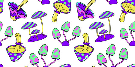 Psychedelic mushroom pattern. Magic neon fungus. Hallucination shroom. Bright texture. Crazy poisonous fungi. Surreal hippie wallpaper. Purple toadstools. Vector seamless backgroundのイラスト素材