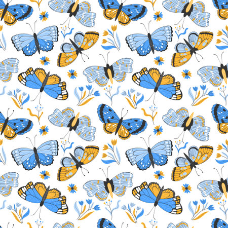 Butterfly pattern, cute flower and insects print. Abstract floral design, pretty spring drawing, tropical cartoon fashion seamless background. Decor textile, wrapping paper, vector designのイラスト素材