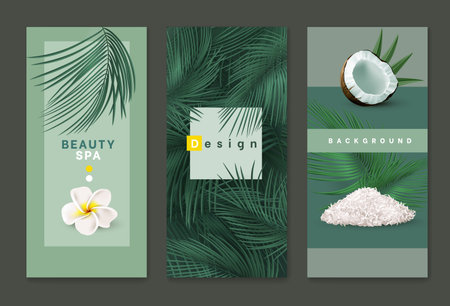 Bamboo coconut leaf background, spa poster and flyer. Salon voucher or brochure, logo and copy space, summer vertical banner template. Cosmetic advertising. 3d Isolated elements. Vector designのイラスト素材