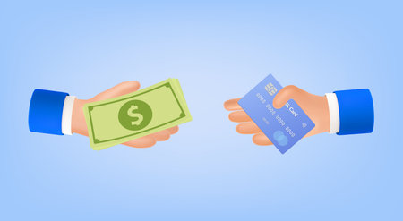 3D hands. Credit card and money. Pay by cash or bank payment. Businessman arms holding dollar banknote. Business communication. Fast buy service. Financial transaction. Vector icon conceptのイラスト素材