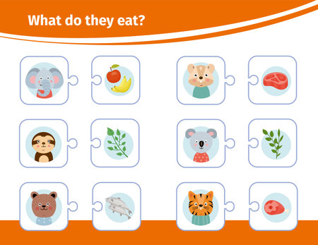 Children activity. Animal eat education game. Kids food book. Brainteaser worksheet. Match puzzles with mammals muzzles and meal. Carnivorous or herbivorous fauna. Vector illustrationのイラスト素材