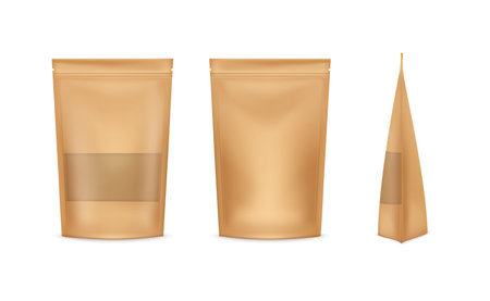 Brown paper bag. Kraft pouch. Isolated package mockup. Empty pack front or side view. Tea eco packaging. Doypack sachet for food snack. Merchandise containers. Vector background templateのイラスト素材
