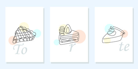 One line desserts. Outline cream cakes and pies. Cafe menu. Baked confectioneries. Pastry posters....