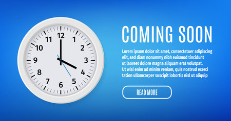 3D clock banner. Coming soon. Alarm app icon. Round watch. Waiting time. Timepiece with hour arrows. Announcement flyer design. Horizontal realistic speed poster. Vector backgroundのイラスト素材
