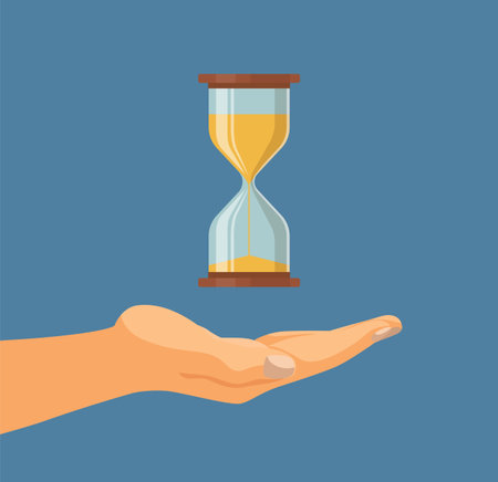Glass sand clock, hand hold hourglass illustration. Patience, countdown time on watch, business man work in deadline. Traditional vintage hour measure instrument. Vector flat conceptのイラスト素材