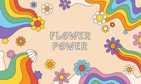 Groovy psychedelic flower power frame. Abstract art. Boho music banner. Bohemian positive logo. Blossoms rainbow traces. Colorful blooms. Funny floral background. Vector illustrationのイラスト素材