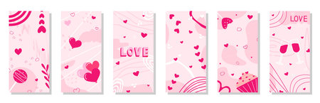 Love background. Cute social media story. Spring holiday greeting card collection, vertical cover or poster, romantic gift. Abstract pink backdrop, valentine day texture. Vector template setのイラスト素材