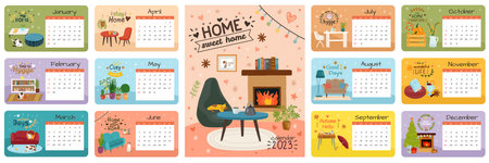 Home month calendar. Cute school planner sheets set. Hygge interior decor. Schedule template. Cozy agenda. Fireplace and sofa. Tea cup and book. Comfortable apartment. Vector illustrationのイラスト素材