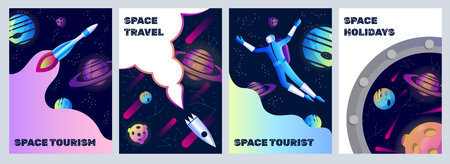 Space travel. Galaxy exploration. Cosmic tourism. Spaceships and planets. Universe posters set. Astronaut child character. Planetary current future frame. Vector cartoon backgroundのイラスト素材