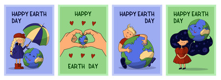 World Earth Day cartoon cards. Kids with planet. Protect environment. Ecology map. Globe protection. Save and care nature. Eco energy. Environmental conservation. Vector posters setのイラスト素材