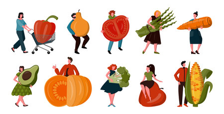 People hold huge products, vegetable and fruits diet, fresh food. Healthy lifestyle, eco vegan characters, woman and man health, vegetarian farm icons. Vector current cartoon flat illustrationのイラスト素材