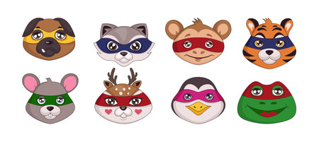 Animal superhero masks. Happy forest mammals. Creative face card or wallpaper. Kids heroic characters set. Isolated hero heads. Penguin or raccoon funny muzzles. Vector cartoon illustrationのイラスト素材