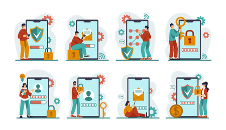 People with huge smartphones. Access data secure. VPN safety. Web password. Private encrypted key. Online network. Messenger app. Phone user concepts set. Vector cartoon illustrationのイラスト素材