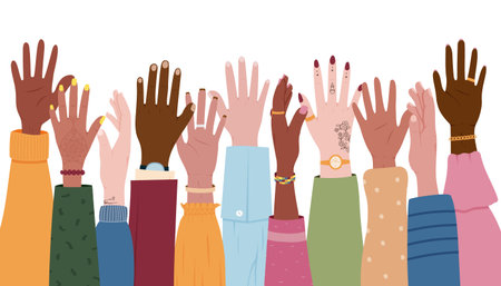 Diverse culture hands. People racial diversity. United volunteer equality. Social multicultural group. Community unity. Raised arms. Sleeves and accessories. Vector colorful illustrationのイラスト素材